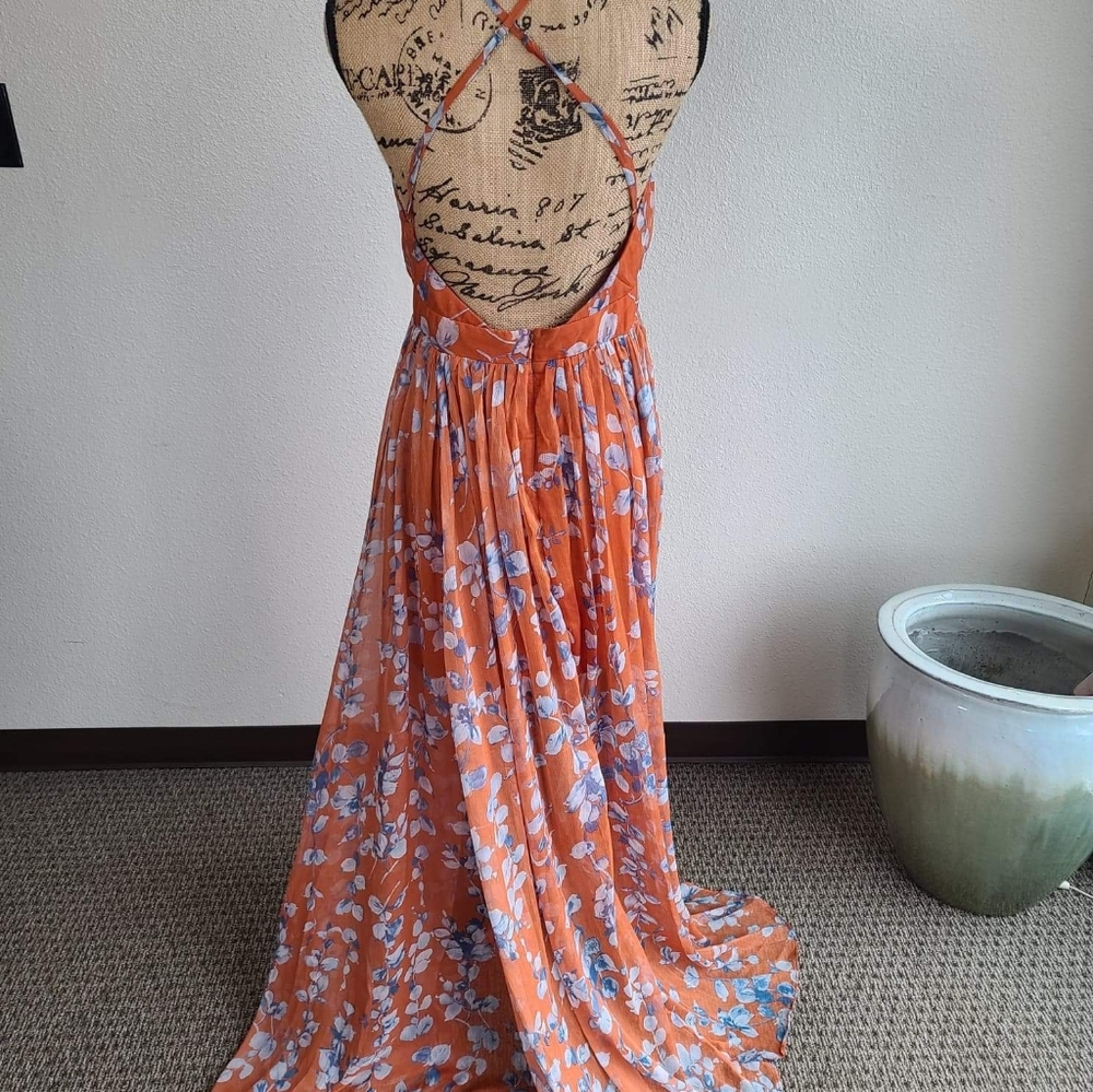 Luxxel Flowing Orange Floral Dress (L) SAME-DAY SHIP IF ORDERED BEFORE 4PM PST - Picture 3 of 5